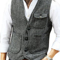Men Vest Brown Herringbone Wool Tweed V Neck Single Breasted Retro Tooling Vest Male Gentleman Business Waistcoat For Wedding
