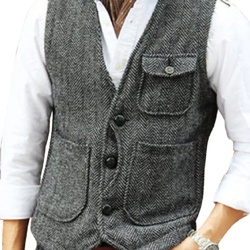 Men Vest Brown Herringbone Wool Tweed V Neck Single Breasted Retro Tooling Vest Male Gentleman Business Waistcoat For Wedding
