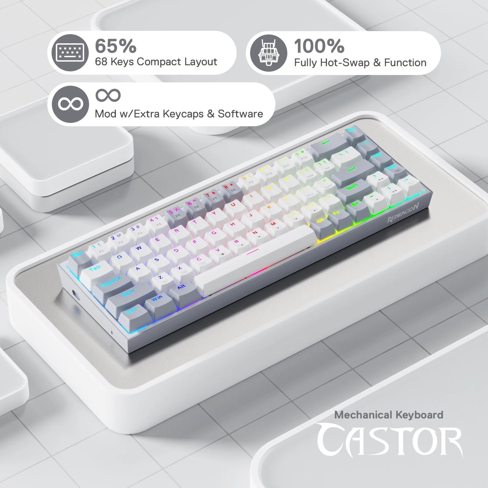 Redragon K631 Gery 65% Wired RGB Gaming Keyboard, 68 Keys Hot-Swappable Compact Mechanical Keyboard