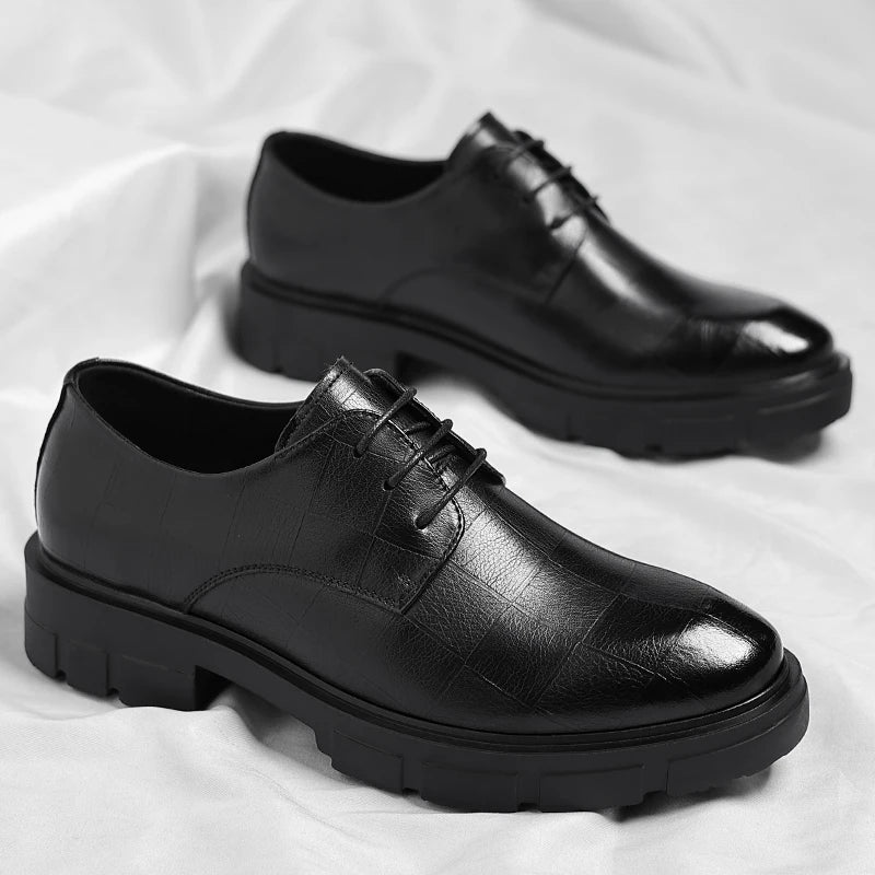 10cm Height Increasing Cowhide Men's Shoes, Fashionable, Casual, Business Office Thick Soled Men's Formal Shoes