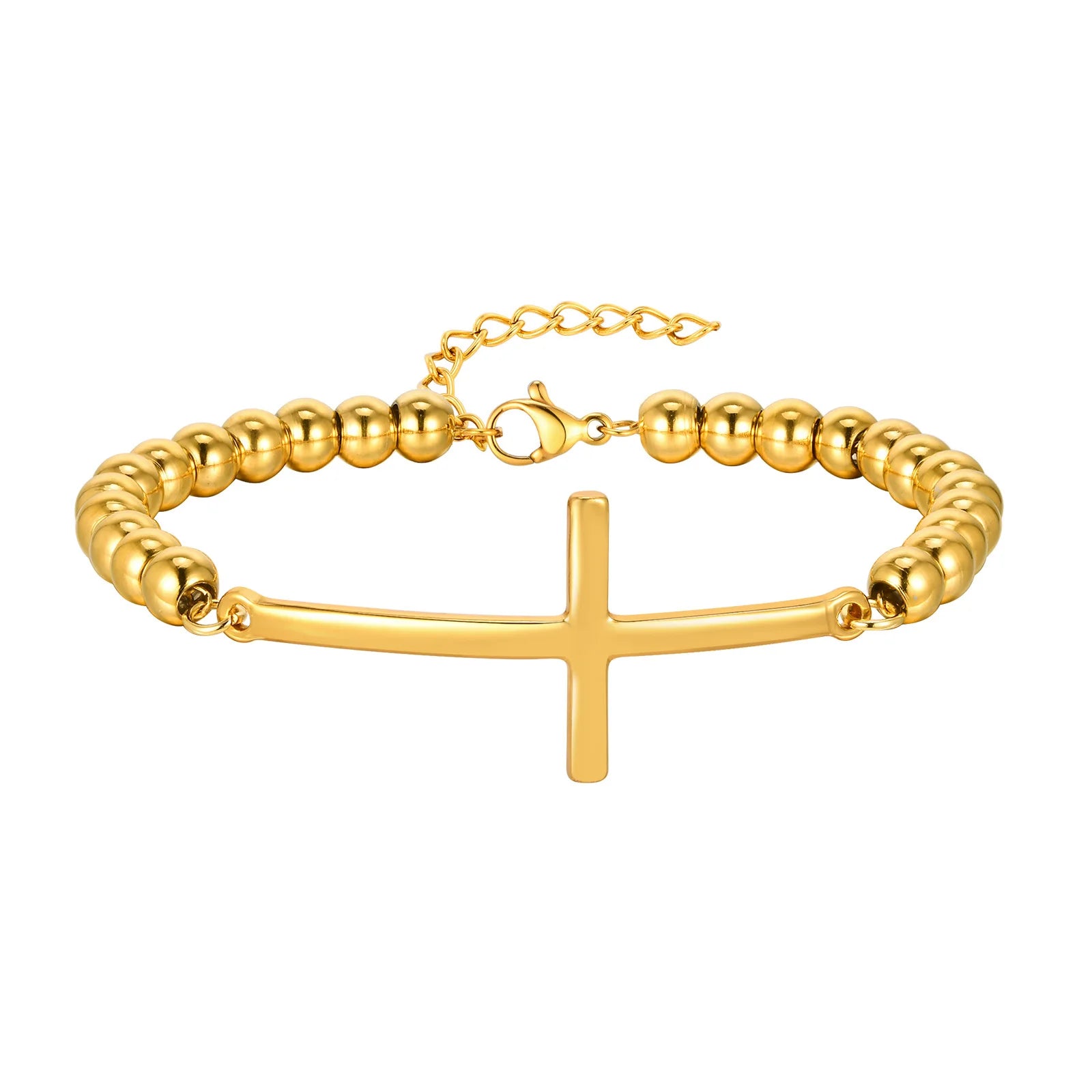 Vnox Simple Big Cross Bracelets with Glossy Stainless Steel Beads Bracelets, Adjustable Beaded Chain Men Religious Faith Jewlery