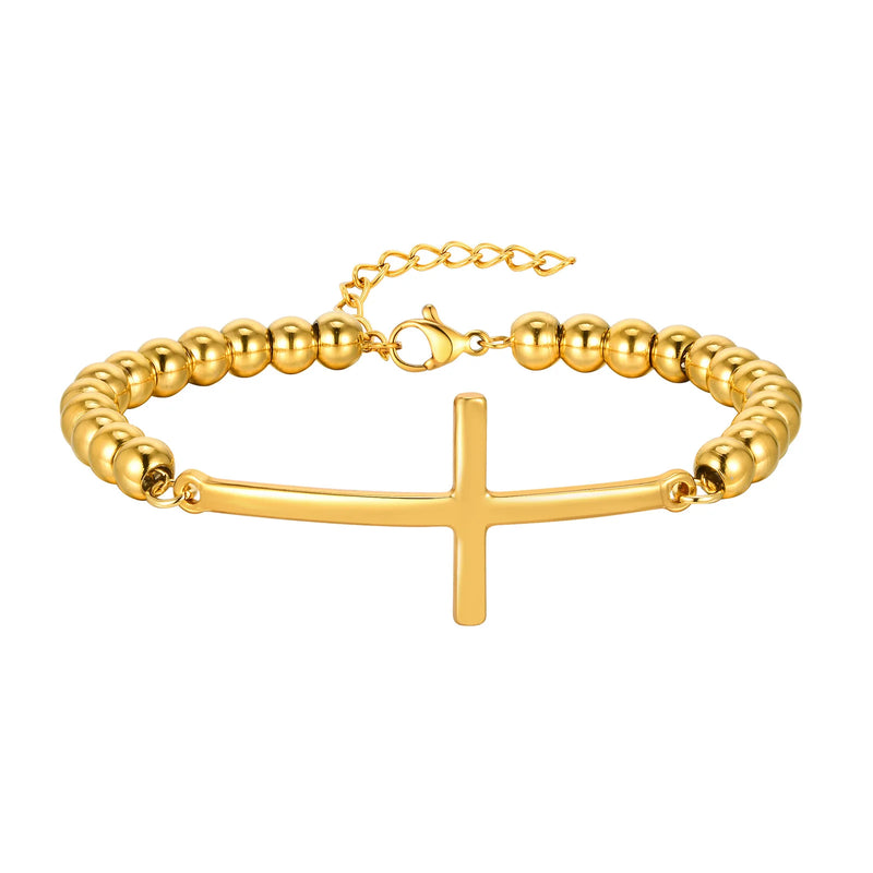 Vnox Simple Big Cross Bracelets with Glossy Stainless Steel Beads Adjustable Beaded Chain Men Religious - Visuel 8 | SAMAG
