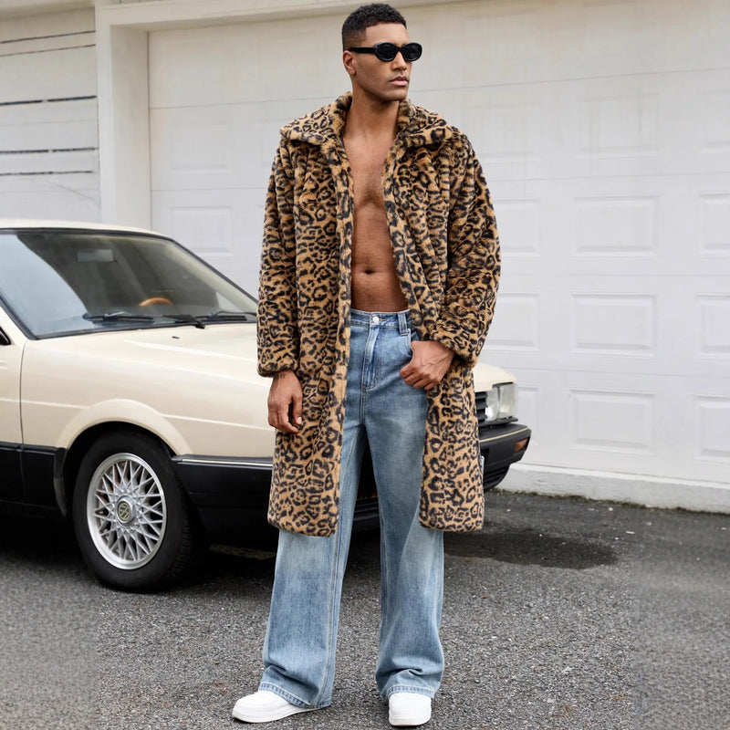 2026 Men Faux Fur Leopard Print Long Coat Full Sleeve Thick Warm Jackets Lapel Loose Streetwear Cardigan Jacket Autumn Winter