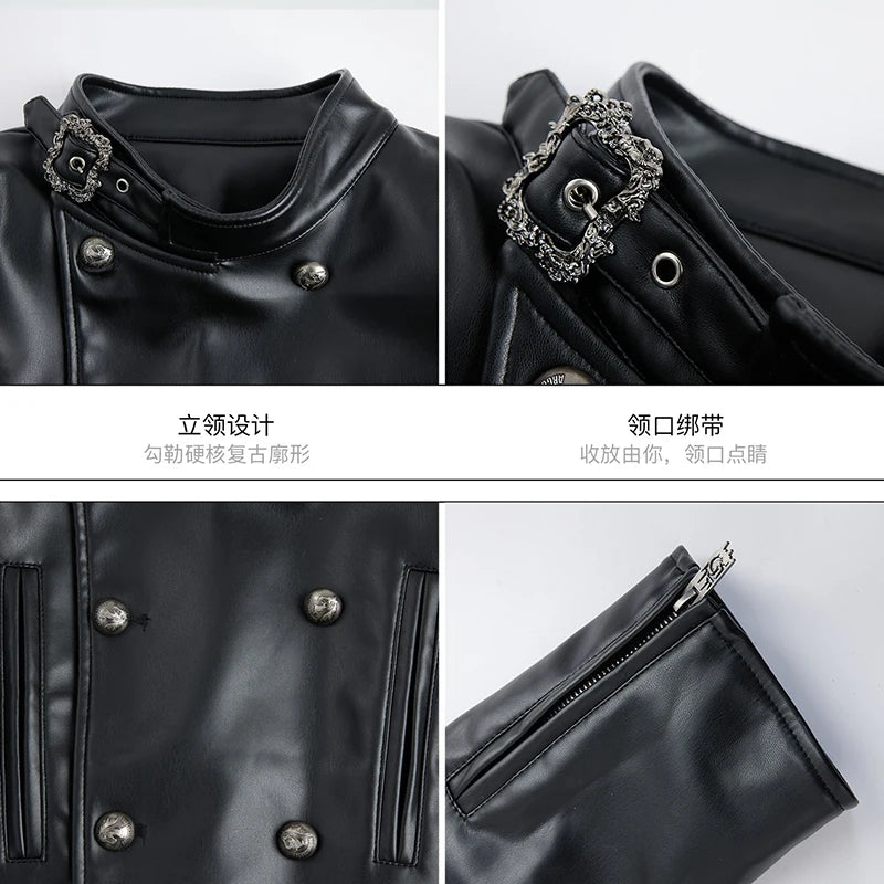 LUZHEN 2026 New Original Niche Design Double Breasted Stand Neck Leather Jacket Men's Fashion Handsome Cross Placket Coat JY6357