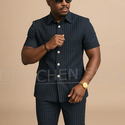 Navy Blue Striped Men Suits Chic Stand Collar Short | SAMAG