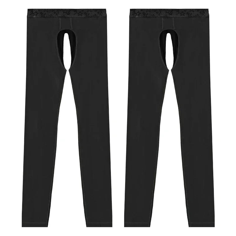 2 Open crotch thermal pants men's thin leggings middle-aged elderly long johns autumn and winter tight inner threads