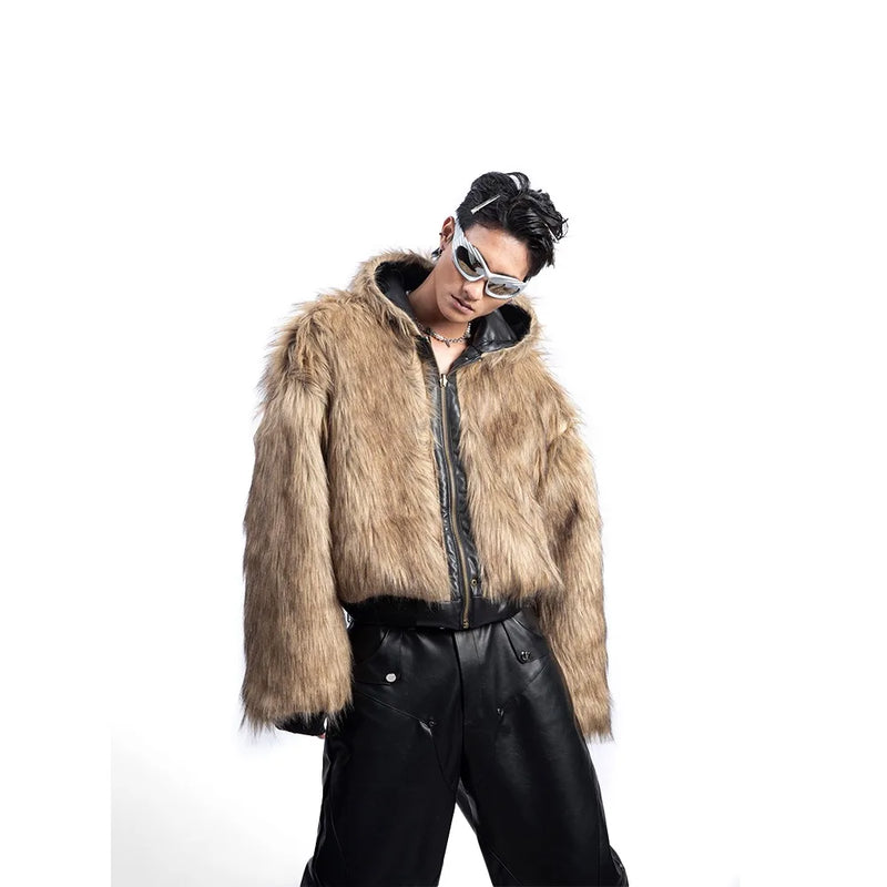 American Style Men's Padded Jackets PU Leather Reversible Faux Fur Fleece Thickened Solid Color Loose Male Coats Tide