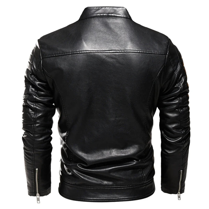 2025 Winter Black Leather Jacket Men Fur Lined Warm Motorcycle Jacket Slim Street Fashion BLack Biker Coat Pleated Design Zipper