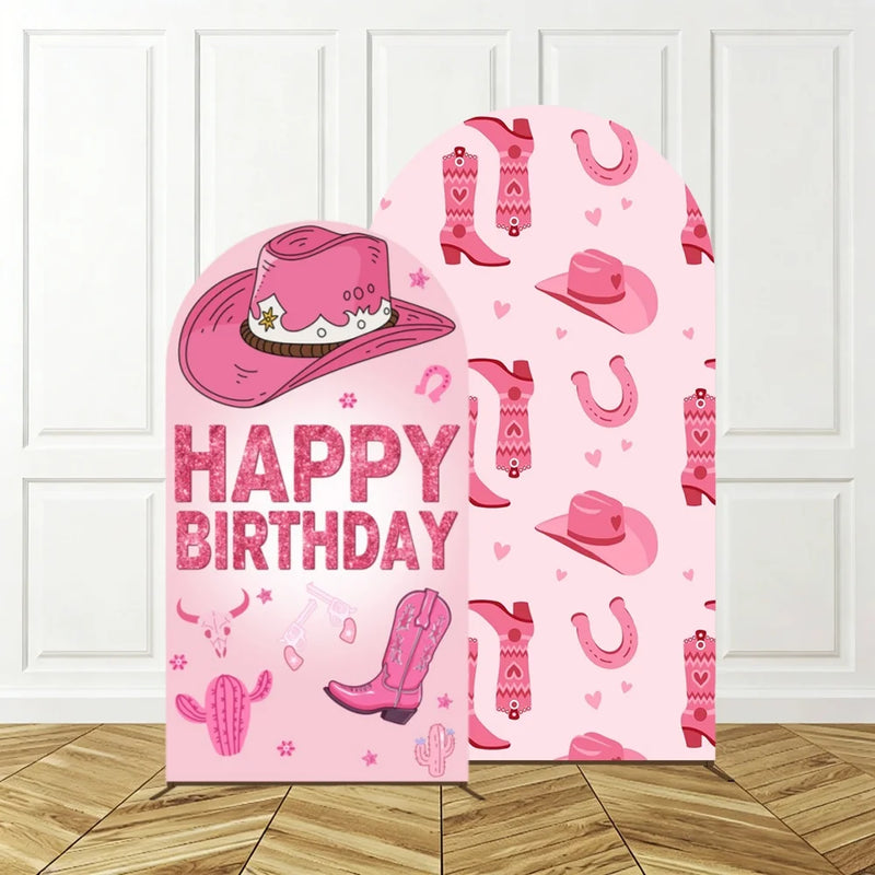 Cowgirl Pink Arch Backdrop Birthday Party Photo Background Kids Western Theme Decor Horse Shoe Boots Hat Pattern Celebration Bac