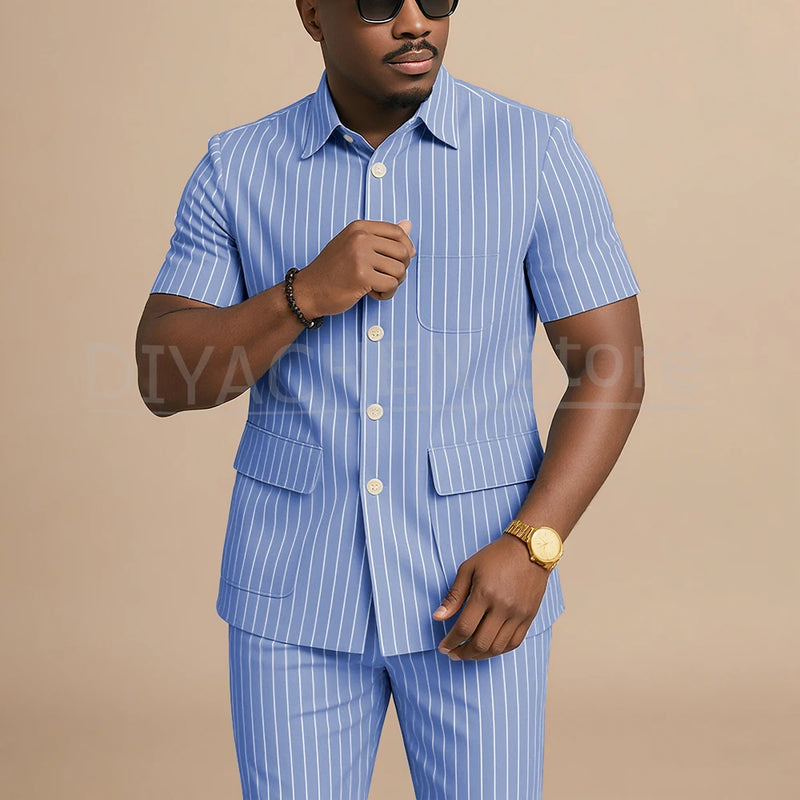 Navy Blue Striped Men Suits Chic Stand Collar Short Sleeves Wear Single Breasted Office Business Casual Male Suit 2 Piece