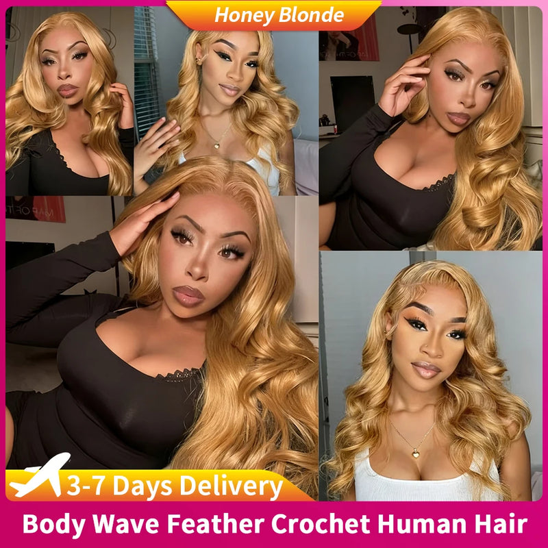 12A Human Crochet Hair Body Wave Bundles Human Hair For Women Knotless Pre-Separated #27 Honey Blonde Feather Crochet Human Hair