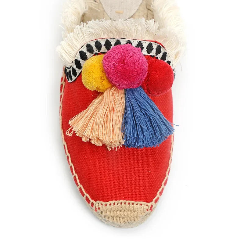 Women's Slippers  Espadrilles  Fluffy Ball Mule Slides Sale -  Rubber Hemp Shoes Outside Spring  women  sandals