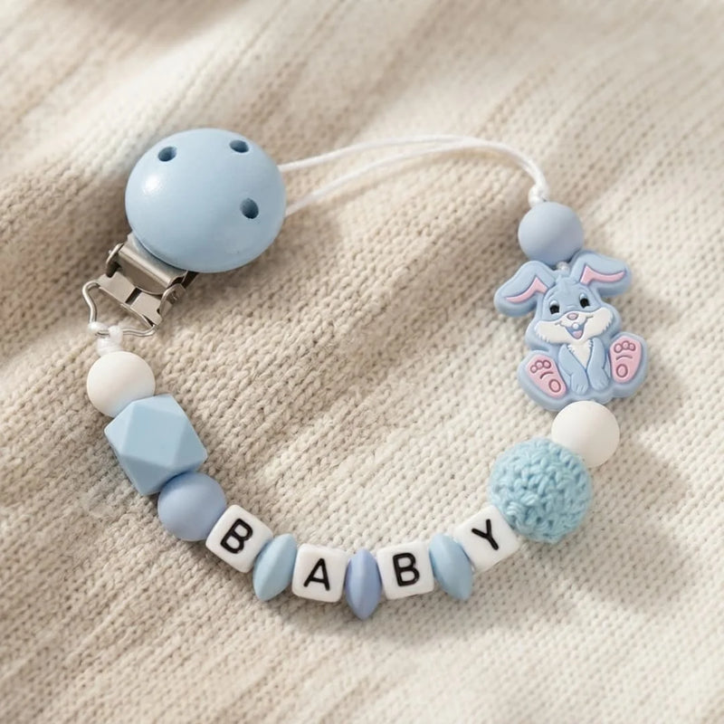 Custom Name Bunny Pacifier Clip Blue Silicone Teething Bead Chain BPA Free Handmade Dummy Holder Safe Baby Boy Shower Gift