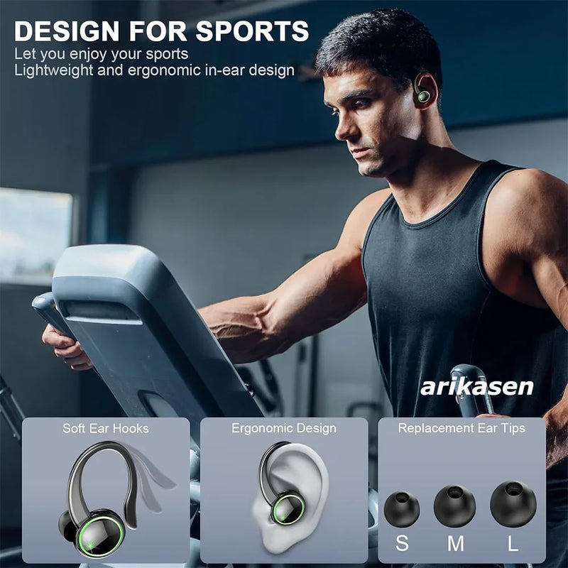 Headphones Bluetooth 5.3 Wireless Bass Stereo Over Ear Earbuds ENC Noise Cancelling Mic with Earhooks 48H Playback LED Display