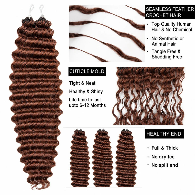 Brown Deep Wave Crochet Human Hair Extensions Miracle Knots Feather Soft Braiding Hair for Black Women Pre Looped Lightweight Reusable Hair with Natural Shine Full Volume for Boho Braids and Protective Styles