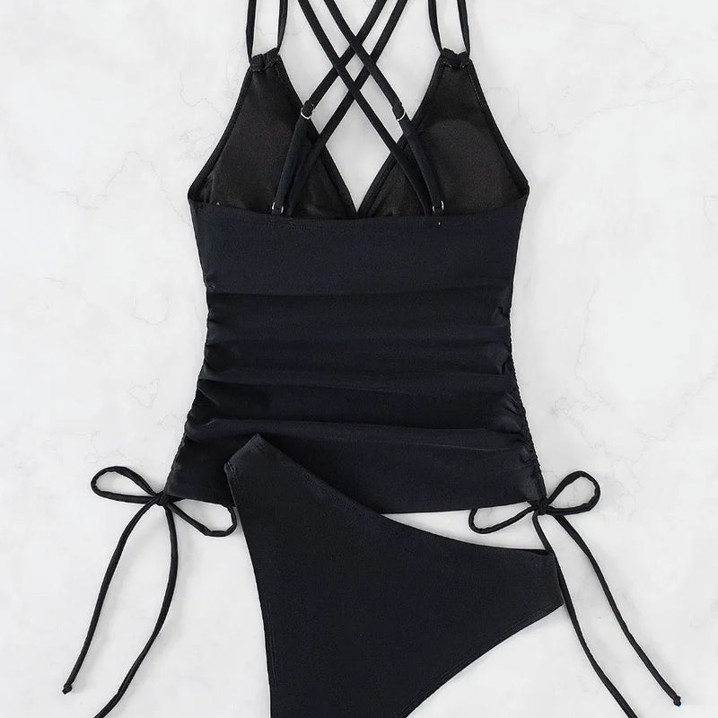Tankini Solid Color Swimsuit Women High Waist V-neck | SAMAG