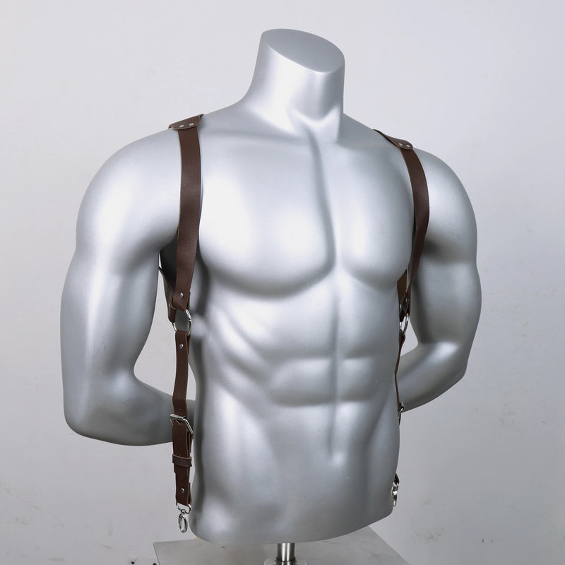 1pc Men'S Punk Gothic Faux Leather Suspenders - Adjustable Strap Body Harness with Metallic Buckles, Fashion Accessory