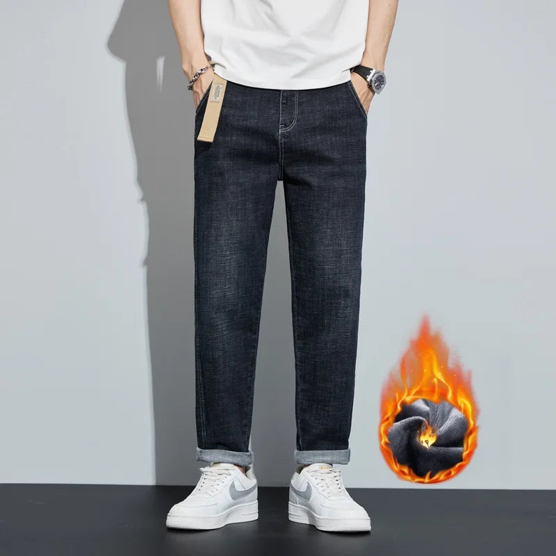 Winter Dark Blue Fleece Jeans for Men Black Loose | SAMAG