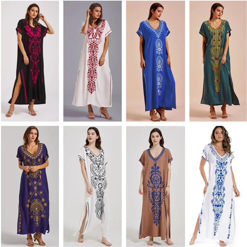 Swimsuit Cover Ups Embroidery V Neck Short Sleeve Swim Cover Up for Women Kaftan Dresses