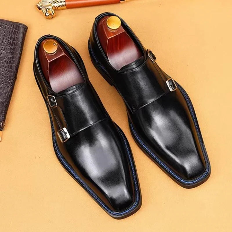 High-end Cowhide Leather Shoes For Men Square Toe Double Monk Strap Shoes Mens Dress Shoes Slip On Business Formal Shoes