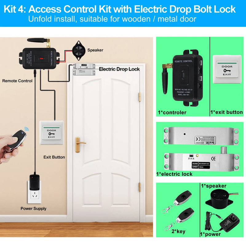 Smart Wireless Access Control System Kits Keyless 433Mhz Remote Control Unlock Kit Gate Opener Electronic Lock System Door Entry