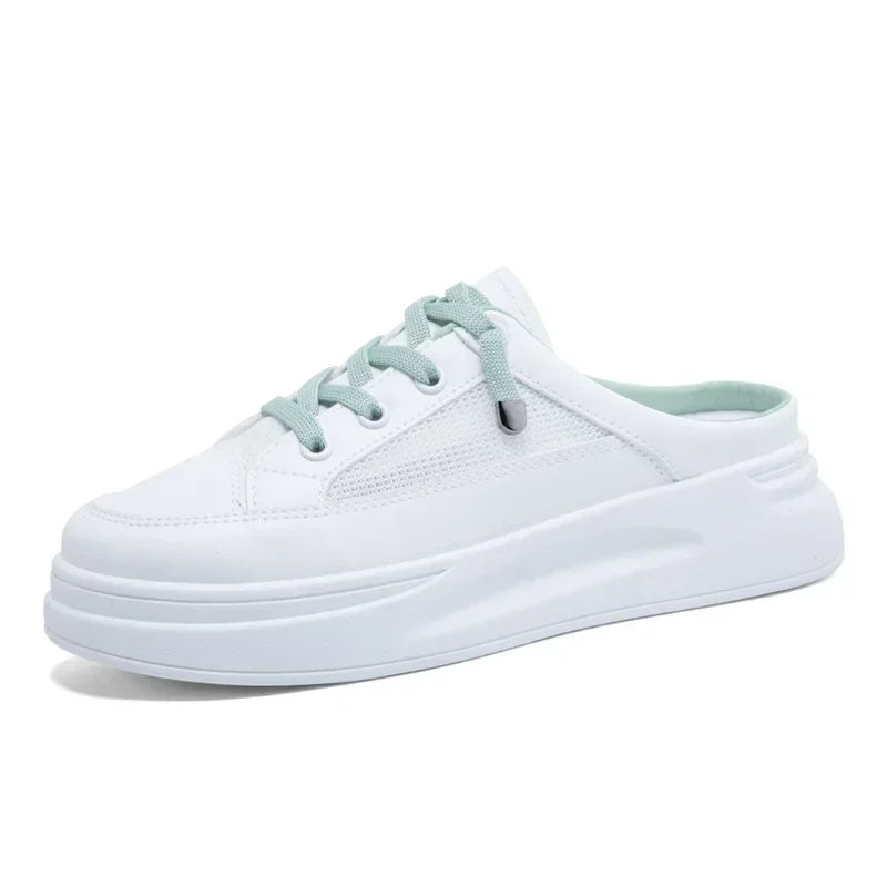 *2026 Summer New Baotou Mesh Breathable White Flat Shoes Fashionable Hot Selling Casual Half Dragged Round Head Women's Sandals
