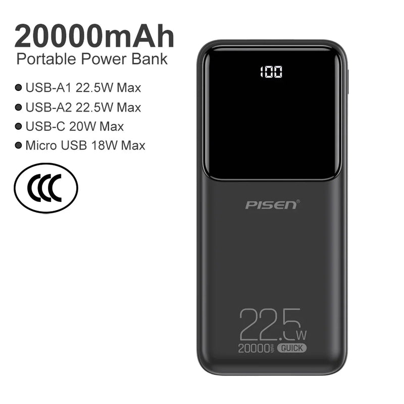 PISEN 20000mAh PD 20W Quick Power Bank SCP 22.5W Portable CCC Powerbank Fast Charging External Battery For Huawei iPhone Xiaomi