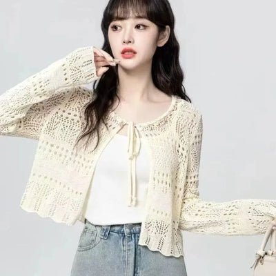 Outdoor Sunscreen Cropped Knit Cardigan Ladies Tie Front | SAMAG