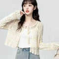 Outdoor Sunscreen Cropped Knit Cardigan Ladies Tie Front Hollow Crochet Shrug Breathable Beach Daily Casual Outerwear