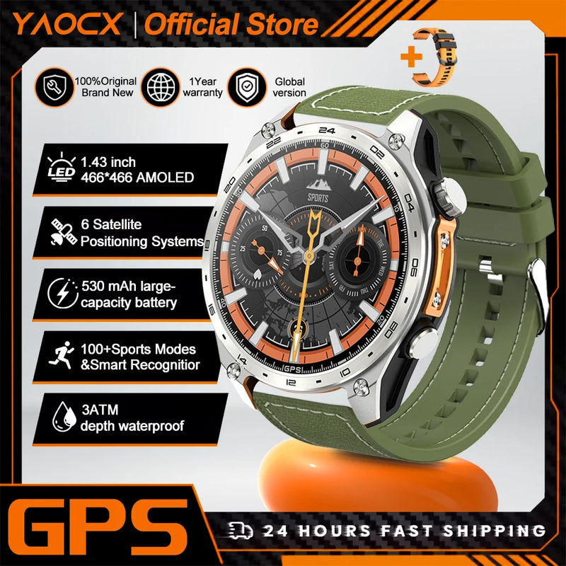 2026 New Military Smart Watch Men Built-in GPS 530mah Bluetooth Call 3ATM Waterproof Barometric Altimeter Sports Smart Watches