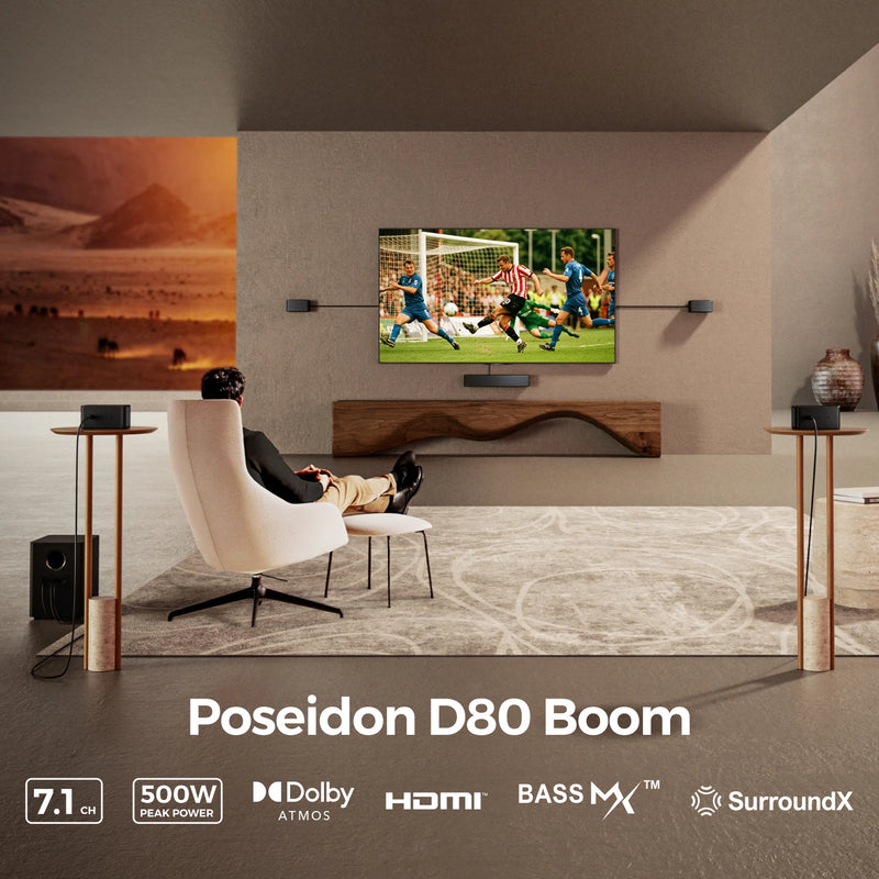ULTIMEA Poseidon D80 Boom 7.1ch Soundbar with Dolby Atmos, the Upgraded Wireless Subwoofer & 4 Surround Speakers, APP Control