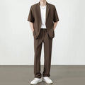 Summer Thin Ice Silk Drapey Suit Set Men's Short Sleeve Jacket Lightweight Casual Single-Breasted Suit Standard Fit Youth Trend