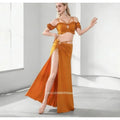 Women Girls Belly Dance Costume Set 2 Piece Half Sleeve Top Long Tassel Skirt Professional Bellydance Training Performance Wear