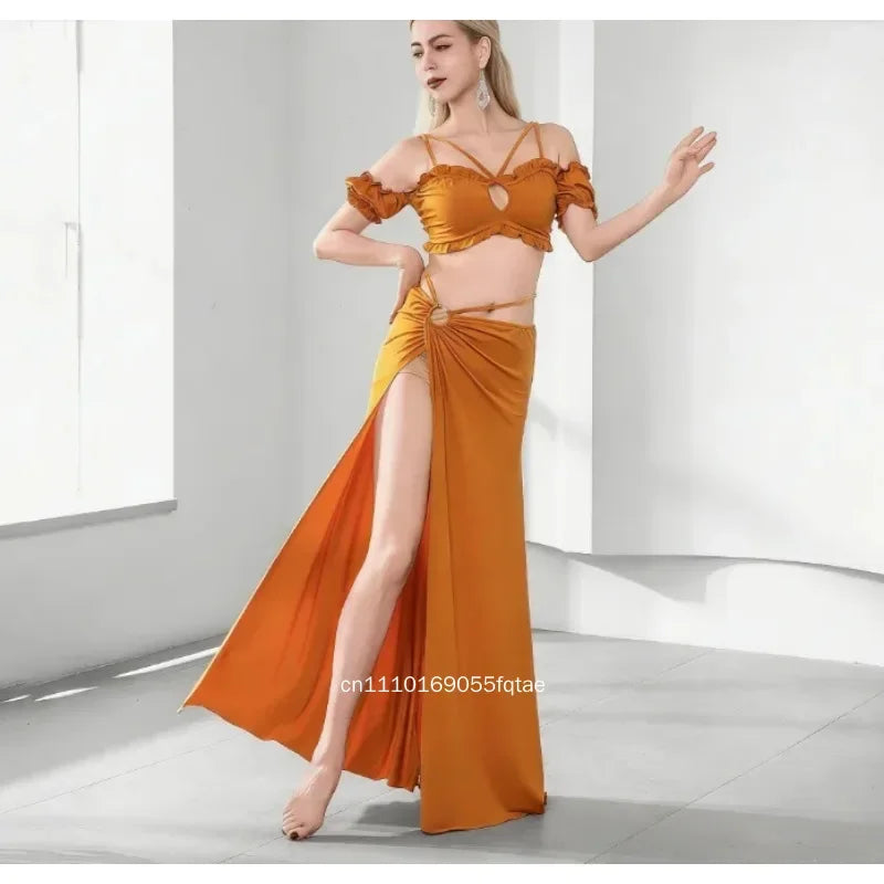 Women Girls Belly Dance Costume Set 2 Piece Half Sleeve Top Long Tassel Skirt Professional Bellydance Training Performance Wear