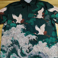 New Dark Green Embossed Pattern Fabric with Flying Crane | SAMAG