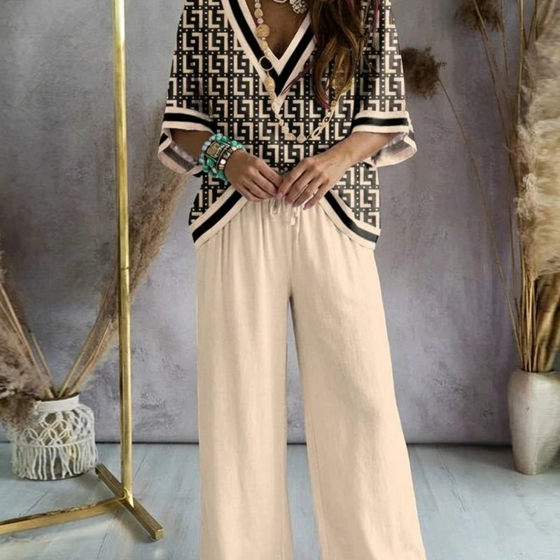Missuoo Women's Loose Geometric Print V Neck Batwing Sleeve Top & Wide Leg Pants Set 2026 Summer Casual Loose 2 Piece Outfit