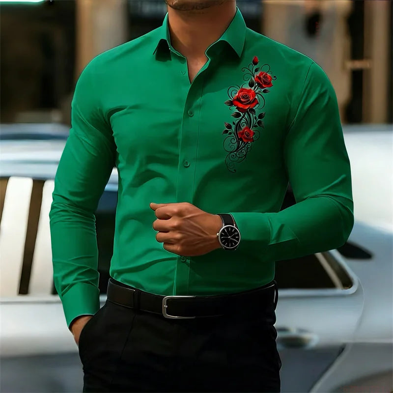 Men's Long-Sleeved Shirt, Featuring a Vintage Red Rose | SAMAG