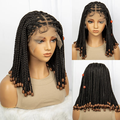 14inch Synthetic Lace Front Bob Braided Wig with Beads Short Box Braided Wigs Knotless Braided Wigs with Baby Hair for Women