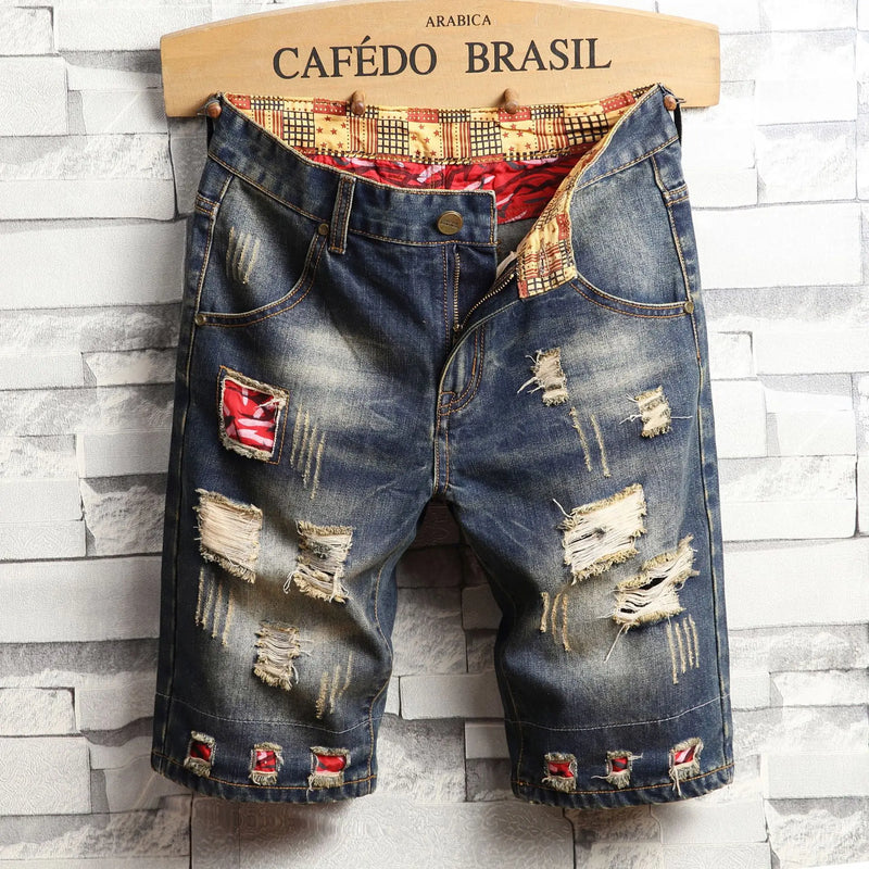New Large Size Denim Shorts Retro Ripped Slim Men's Five | SAMAG