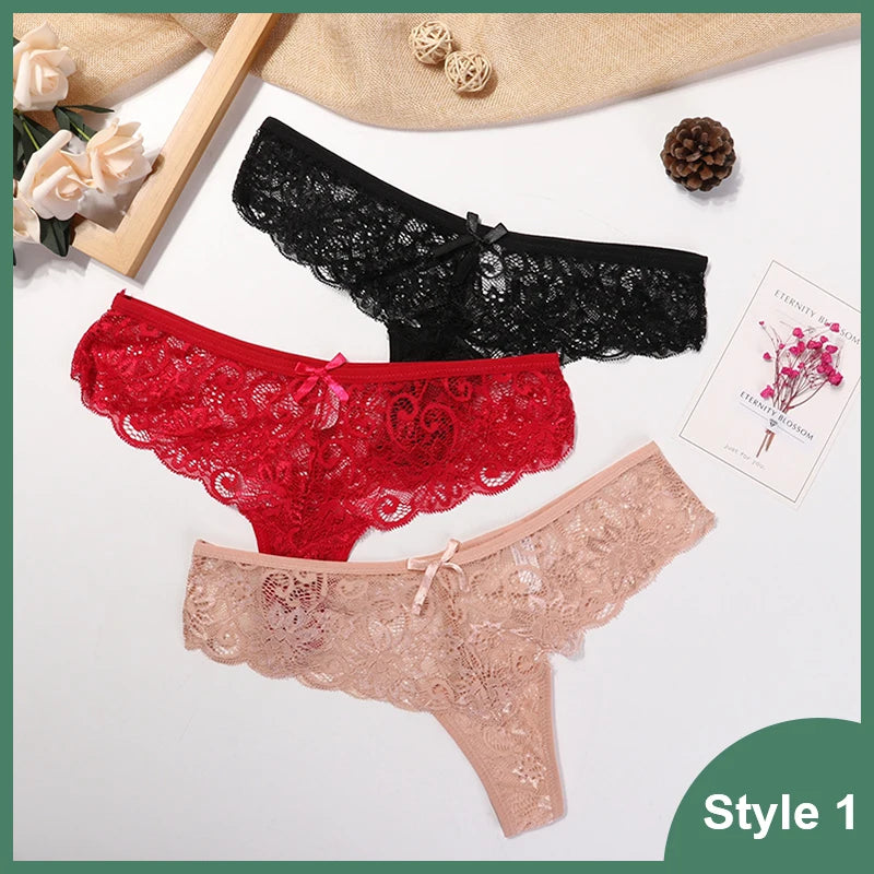 3 Pcs Woman Panties Sexy Lace Thong Underwear Lingerie Female T-back Temptation Low Waist Women Transparent G String