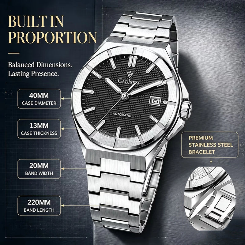 CADISEN Watch Business Automatic Watches Mens Japan 8215 Mechanical Luminous AR Sapphire 100M Waterproof Calendar WristWatch+Box