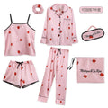 Spring Autumn 7 Pieces Set Silk Elegant Women Pajamas Print Shorts Long Sleeve Top Elastic Waist Pants Lounge Sleepwear