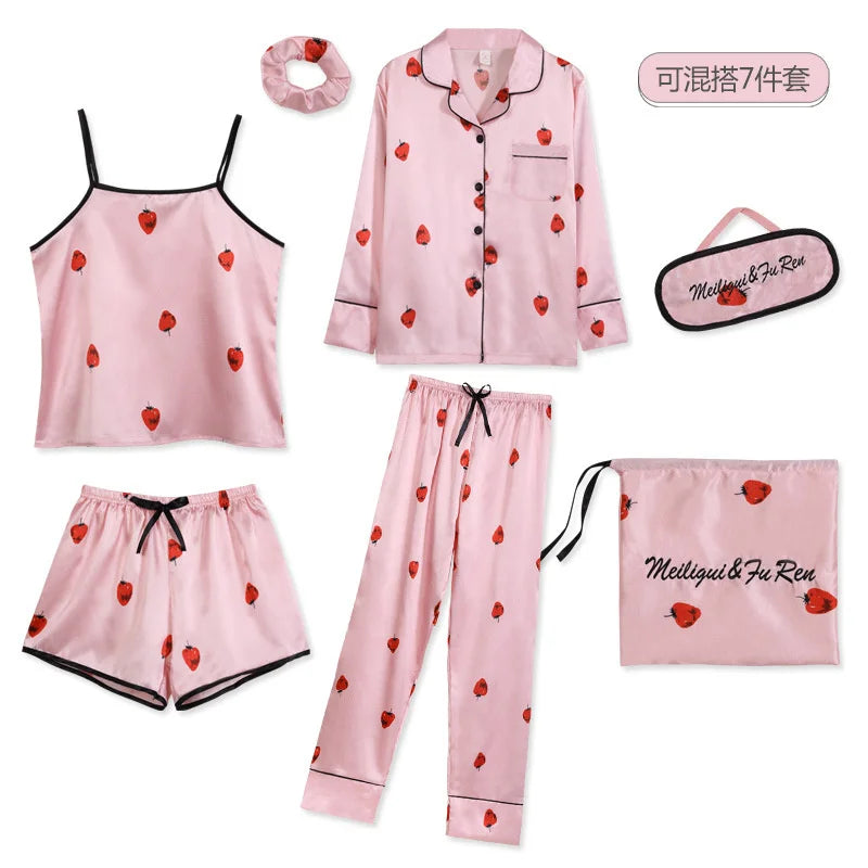 Spring Autumn 7 Pieces Set Silk Elegant Women Pajamas Print Shorts Long Sleeve Top Elastic Waist Pants Lounge Sleepwear