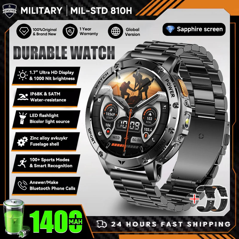 Military Grade Alloy Smartwatch 1400mAh Long Standby Waterproof SOS Emergency Flashlight BT Call Outdoor Sports Watch For Men