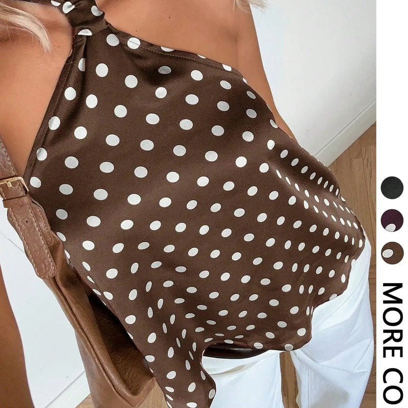 Women's Fashion Polka Dot Print Halter Necktie Top One Piece Round Dot Patterned Halter Style Vest-Style Upper Apparel