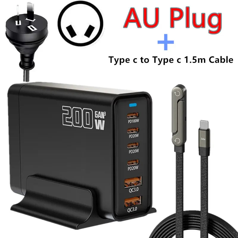 200W Desktop USB C Quick Charger GaN PD Fast Charger 6 Port Mobile Charging Adapter For Laptop iPhone 17 16 15 Samsung Xiaomi