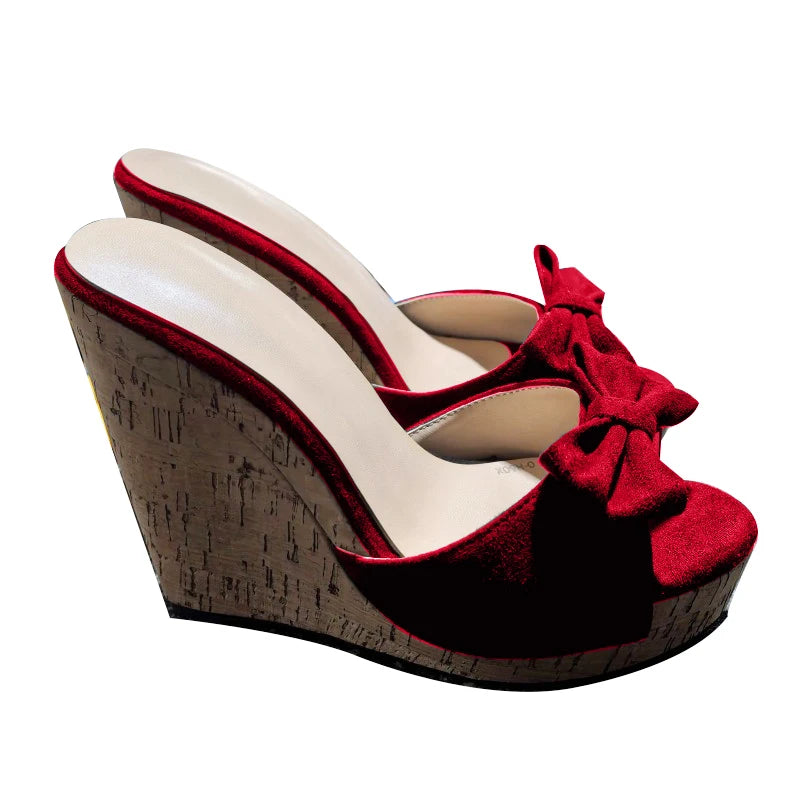 SHOFOO Women's Fashion High-Heeled Slippers Suede Bow Design Black/White 12cm Heel Height Comfortable Slip-On Shoes Wedges shoes