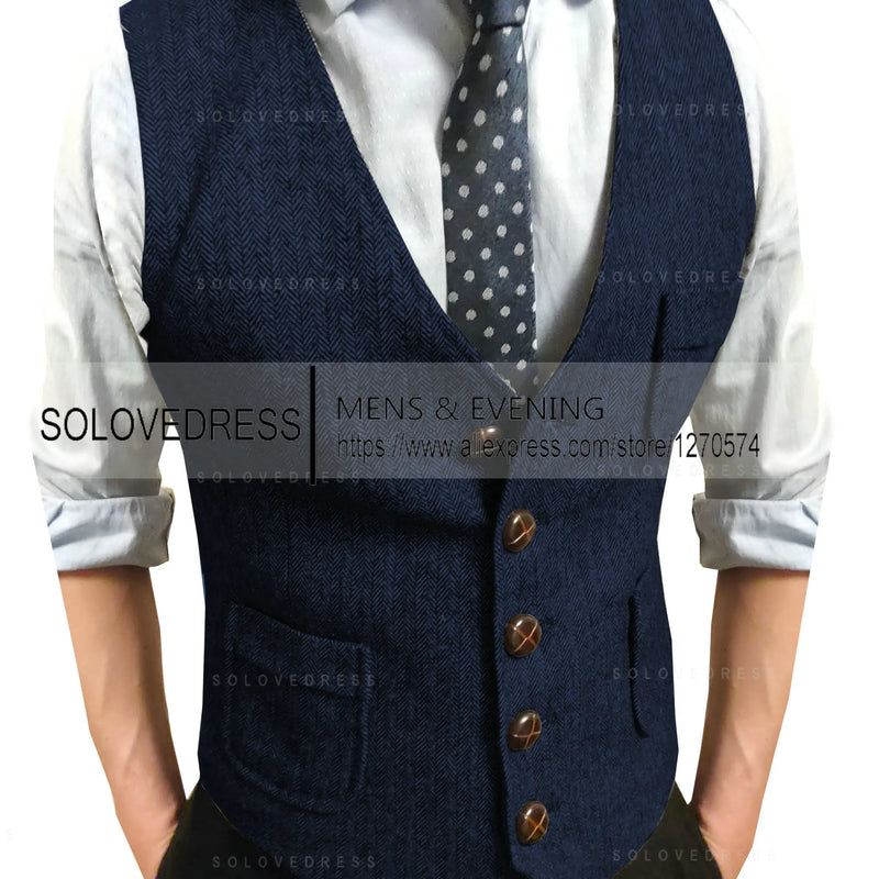 Men's Suit Vest V Neck Notched Lapel Slim Fit Leisure Wool Herringbone Tweed Vest Men for Wedding Groomsmen Mens Waistcoat Vest