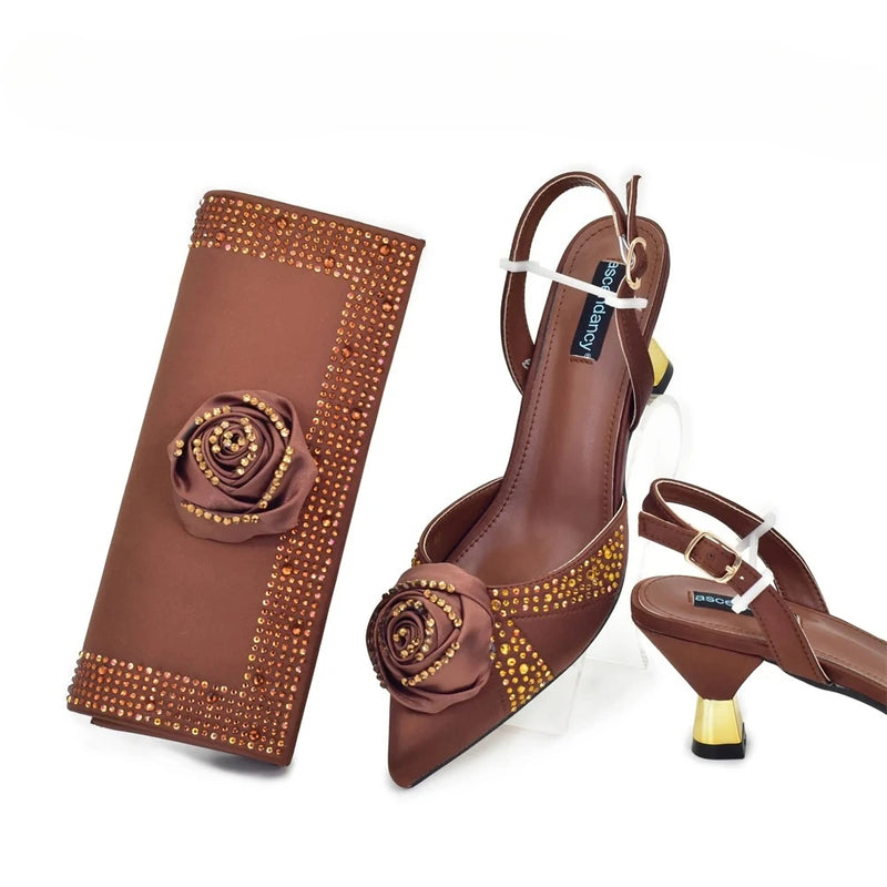 New Fashion Rhinestone Women Shoes and Bags To Match Set Nigeria Party Women's Pumps with Handmade Flowers Bag and Shoe Set