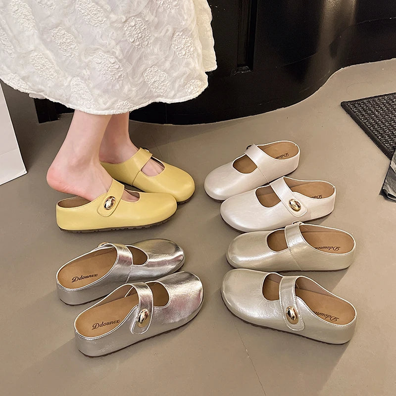 Summer Women Metallic Round Toe Mary Jane Hook & Loop Strap Mules Clogs Non Slip Casual Flats Sandals Slippers Shoes for Ladies